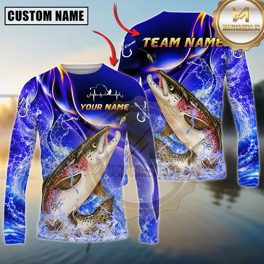 Maxcorners Fishing Ocean Splash Design Sun Protection Personalized Name, Team Name Long Sleeve Shirt