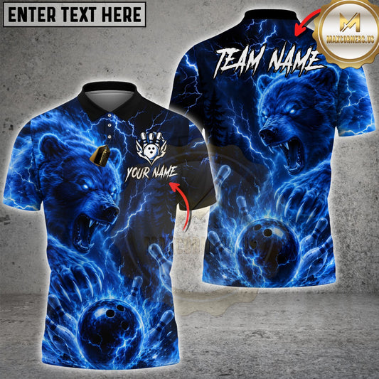 Maxcorners Bowling Thunder Bear Bowling Ball Pins Lightning Design Multicolor Customized Name Team Name 3D Shirts