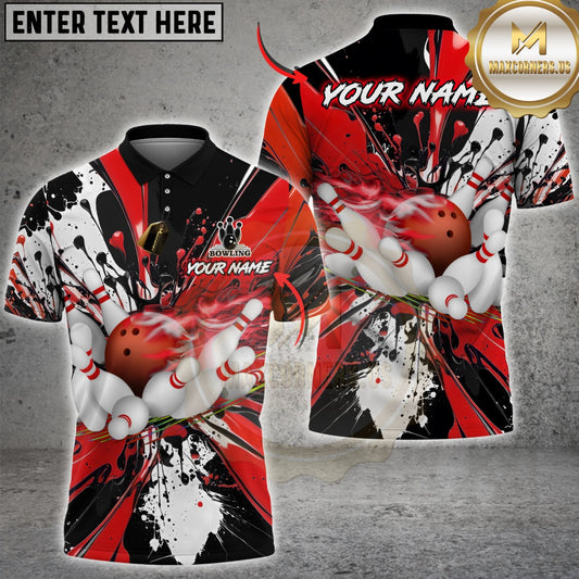 Maxcorners Bowling Black Paint Splash Bowling Ball Pins Design Multicolor Customized Name Team Name 3D Shirts