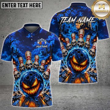 Maxcorners Bowling Evil Pumpkin Face Bowling Ball Skull Bowling Pins Halloween Fire Spooky Castle Custom Team Name Personalized Name 3D Polo Shirt