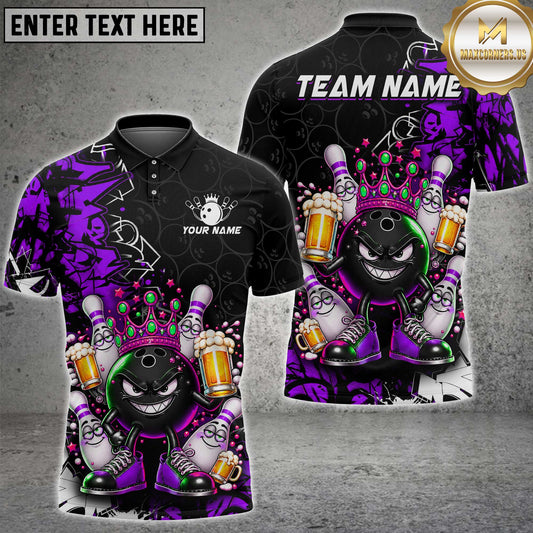 Maxcorners Bowling King Crown Bowling Ball Mascot Beer Pins Graffiti Red Black Custom Team Name Personalized Name 3D Polo Shirt
