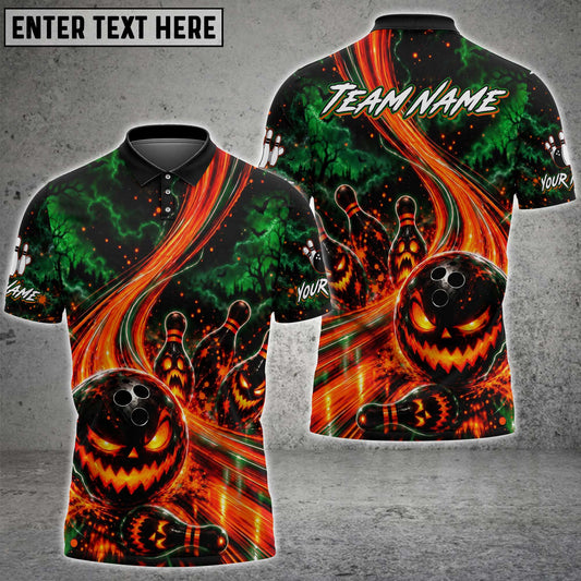 Maxcorners Bowling Scary Halloween Glowing Eyes Pumpkin Head Creepy Forest Flame Trail Bowling Ball Crashing Pins Multi Options Personalized Name, Team Name Unisex 3D Shirt (4 Colors)