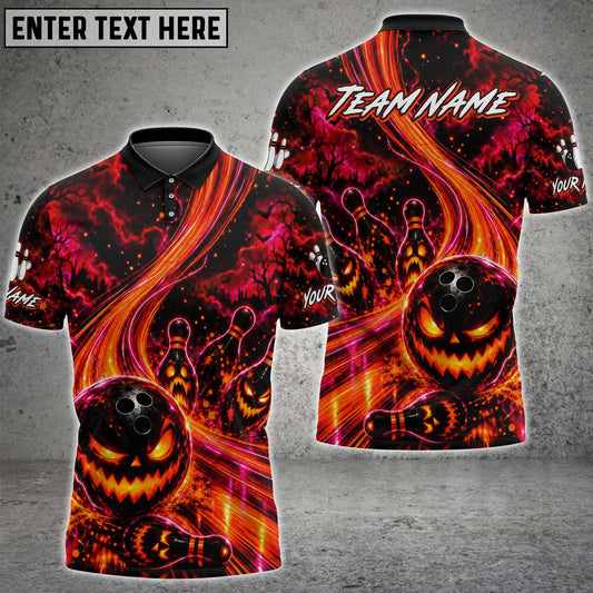 Maxcorners Bowling Scary Halloween Glowing Eyes Pumpkin Head Creepy Forest Flame Trail Bowling Ball Crashing Pins Multi Options Personalized Name, Team Name Unisex 3D Shirt (4 Colors)