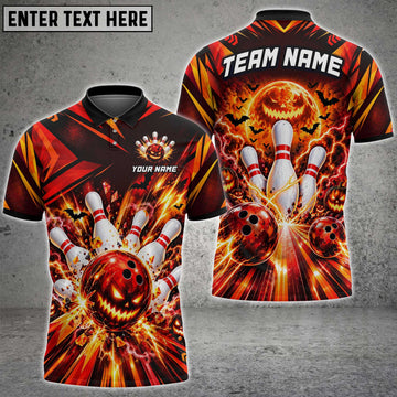 Maxcorners Bowling Spooky Scary Halloween Jack O Lantern Pumpkin Head Fiery Flame Bats Bowling Ball Strike Crashing Pins Multi Options Personalized Name, Team Name Unisex 3D Shirt (4 Colors)