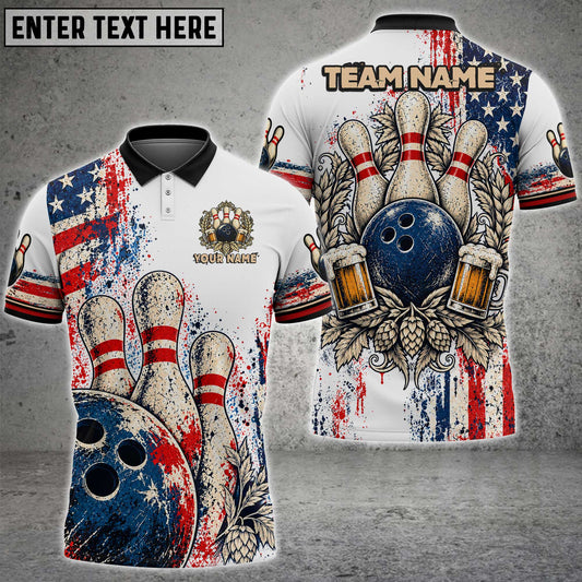 Maxcorners Bowling Patriotic American Flag USA Paint Splatter Vintage Beer Mugs Hop Flowers Bowling Ball Pins Multi Options Personalized Name, Team Name Unisex 3D Shirt (2 Colors)