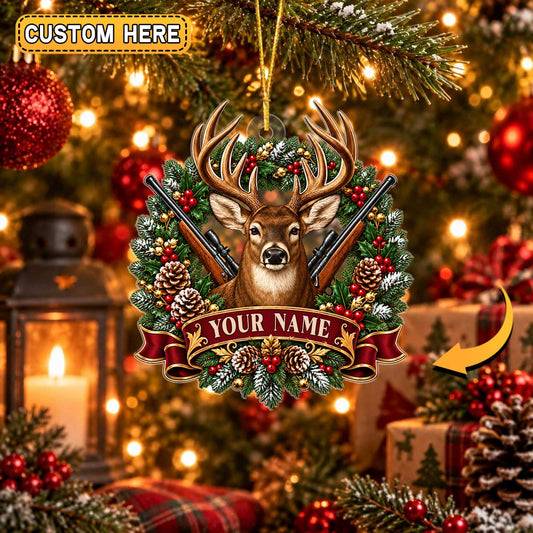 Maxcorners Hunting Antler Animal Head Crossed Rifles Pine Needles Holly Berries Wreath Banner Personalized Christmas Ornament