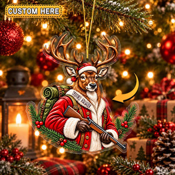 Maxcorners Hunting Antler Animal Hunter Wearing Santa Suit Backpack Holding Rifle Pine Needles Holly Berries Personalized Christmas Ornament