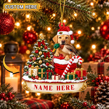 Maxcorners Hunting Loyal Hunting Dog Wearing Santa Hat Holding Wild Waterfowl Catch Sitting in Christmas Gift Sack Tree Personalized Christmas Ornament