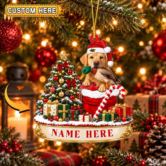 Maxcorners Hunting Loyal Hunting Dog Wearing Santa Hat Holding Wild Waterfowl Catch Sitting in Christmas Gift Sack Tree Personalized Christmas Ornament