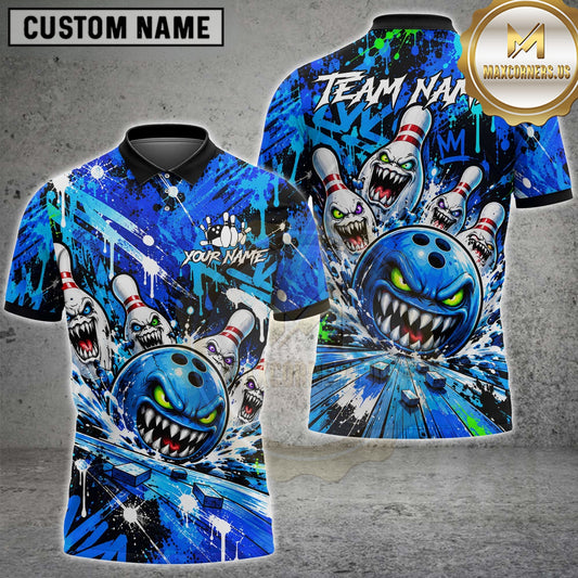 Maxcorners Bowling Polo Shirt Angry Monster Ball Creepy Teeth Pins Splash Water Graffiti Street Art Lane Multi Options Personalized Name, Team Name Unisex 3D Shirt (4 Colors)
