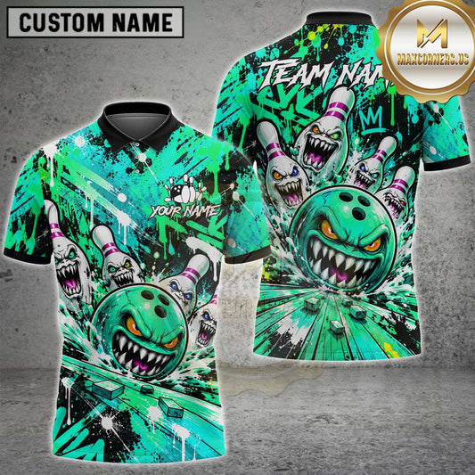 Maxcorners Bowling Polo Shirt Angry Monster Ball Creepy Teeth Pins Splash Water Graffiti Street Art Lane Multi Options Personalized Name, Team Name Unisex 3D Shirt (4 Colors)