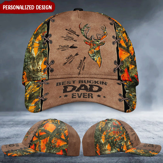 Maxcorners Customized Best Buckin Dad Ever Deer Hunting Grandpa Daddy Fathers Day Custom Kids Names Leather Pattern Cap LM0402