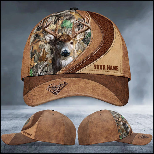 Maxcorners Deer Hunting Custom Name Hunter Father's Day Gift Leather Background Cap LM0402