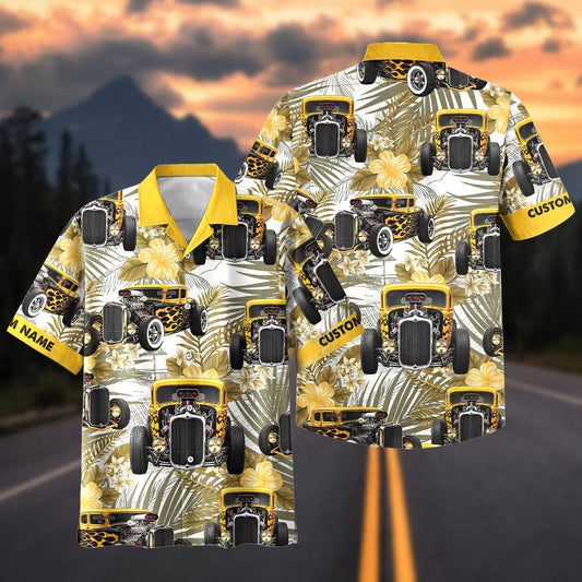 Maxcorners Personalized Car Yellow Flame Hot Rod Tropical Floral Hawaiian Shirt