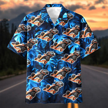 Maxcorners Personalized Formula 1 Racing Car Tropical Blue Hawaiian Shirt - Custom Photo Car Aloha Shirts
