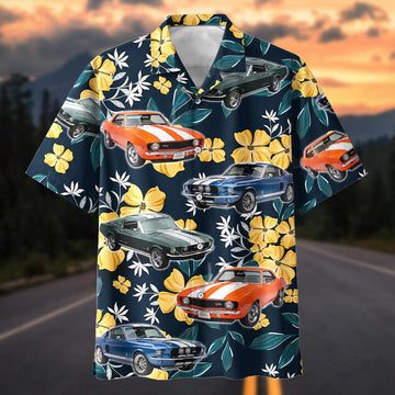 Maxcorners Personalized Classic Muscle Car Yellow Floral Tropical Hawaiian Shirt, Custom Photo Car Aloha Shirts (Up to 5 photos)