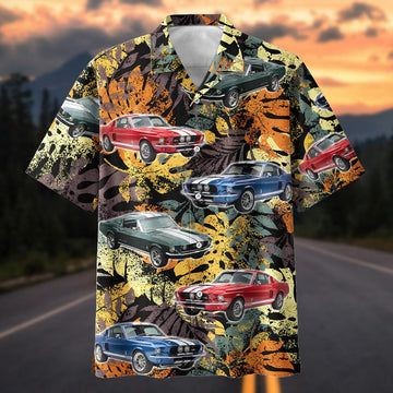 Maxcorners Personalized Classic Fastback Muscle Tropical Grunge Car Hawaiian Shirt, Custom Photo Car Aloha Shirts (Up to 5 photos)
