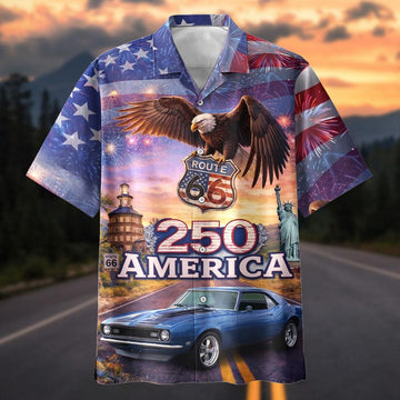 Maxcorners Personalized America 250 Route 66 Bald Eagle Classic Car Hawaiian Shirt, Custom Photo Car Aloha Shirts