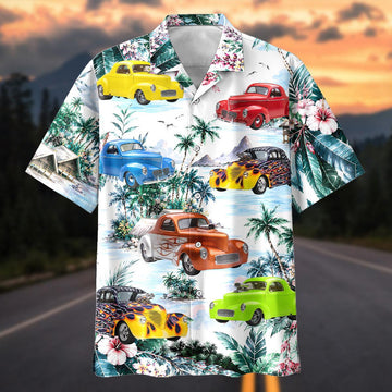 Maxcorners Personalized Colorful Hot Rod Car Hawaiian Shirt, Tropical Beach Custom Photo Car Aloha Shirts (Up to 5 photos)