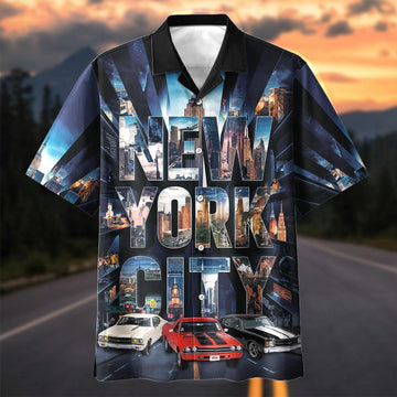 Maxcorners Personalized Car New York City Skyline Classic Cars Hawaiian Shirt - Car Hawaiian Shirt, Custom Photo Car Aloha Shirts (Up to 4 photos)