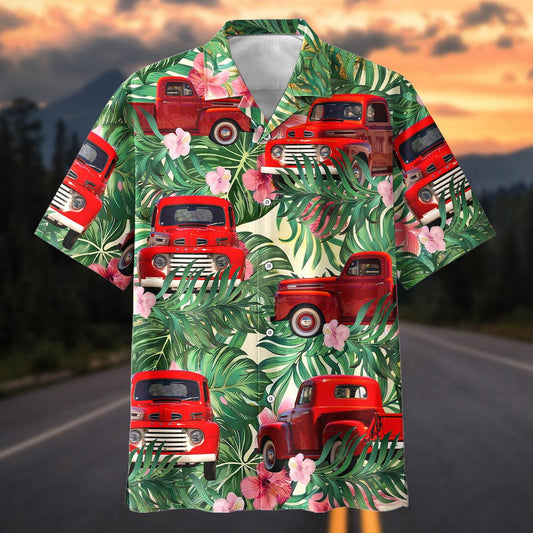 Maxcorners Custom Car Red Vintage 1950 Ford F-1 Pickup Tropical Hawaiian Shirt