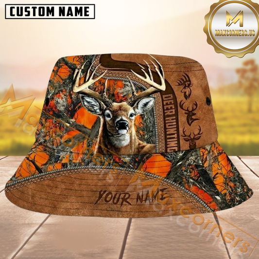Maxcorners Deer Hunting Orange Camo and Brown Leather Personalized Name 3D Bucket Hat