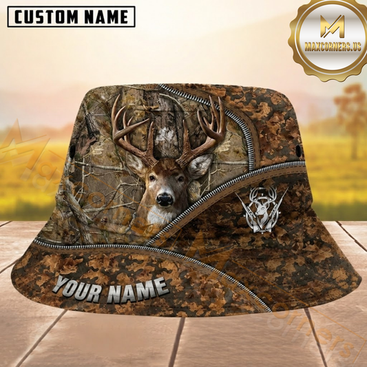 Maxcorners Buck Hunting Brown Leafy Camo Zipper Reveal Personalized Name 3D Bucket Hat