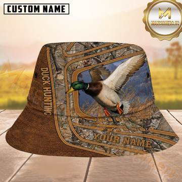 Maxcorners Duck Hunting Brown Leather Stitched Woodland Camo Personalized Name 3D Bucket Hat