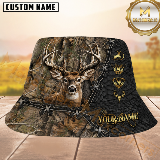 Maxcorners Buck Hunting Woodland Camo and Laced Black Leather Personalized Name 3D Bucket Hat