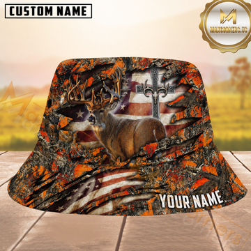 Maxcorners Whitetail Deer Hunting Tattered US Flag Cross Ripped Orange Camo Personalized Name 3D Bucket Hat