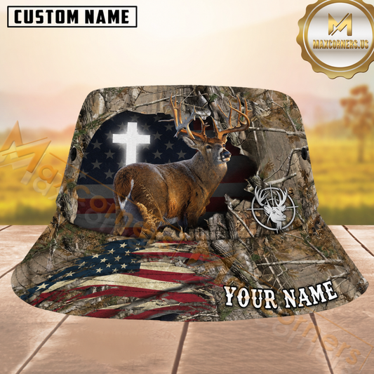 Maxcorners Deer Hunting Ripped Camo US Flag and Glowing Cross Personalized Name 3D Bucket Hat