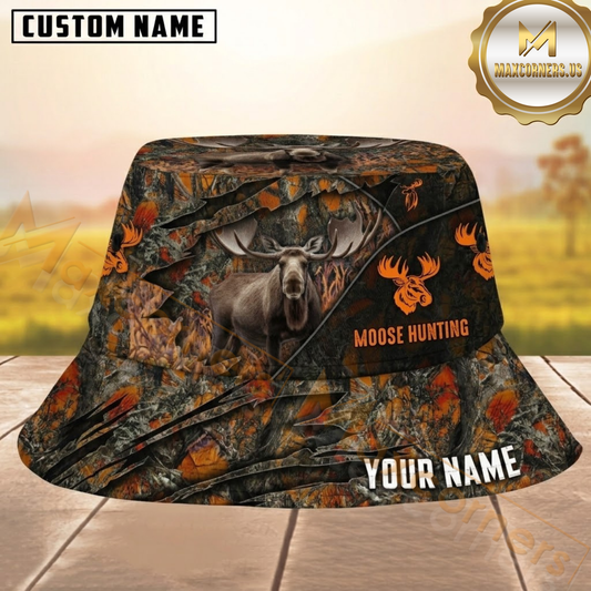 Maxcorners Moose Hunting Dark Orange Camo Forest Personalized Name 3D Bucket Hat