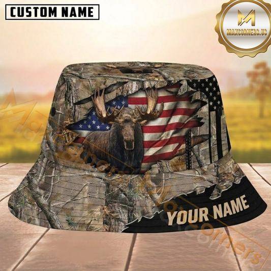 Maxcorners Moose Hunting Patriotic Woodland Camo Personalized Name 3D Bucket Hat