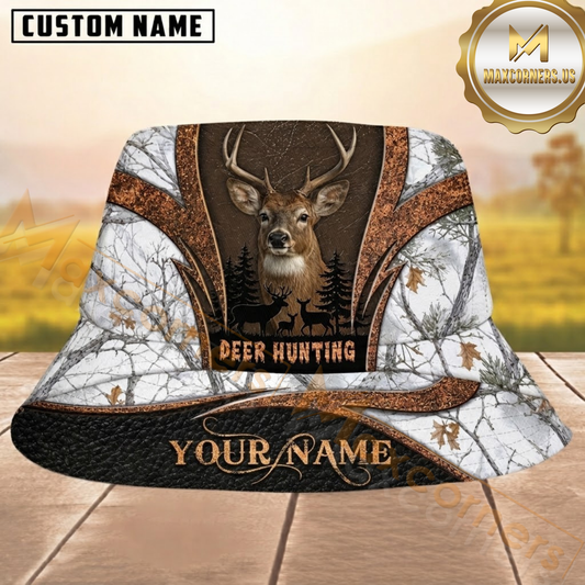 Maxcorners Deer Hunting Copper Branches and White Camo Personalized Name 3D Bucket Hat