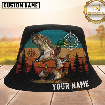 Maxcorners Duck Hunting Black Retro Sunset Personalized Name 3D Bucket Hat