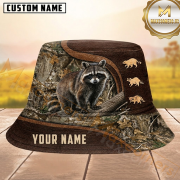 Maxcorners Raccoon Hunting Split Leather Forest Camo Personalized Name 3D Bucket Hat