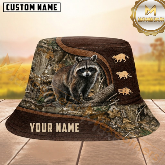 Maxcorners Raccoon Hunting Split Leather Forest Camo Personalized Name 3D Bucket Hat