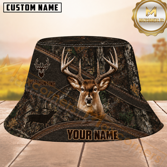 Maxcorners Buck Hunting Dark Bark Camo and Diagonal Stitched Leather Personalized Name 3D Bucket Hat