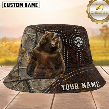 Maxcorners Bear Hunting Brown Woodland Camouflage Personalized Name 3D Bucket Hat