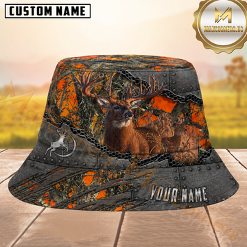 Maxcorners Whitetail Deer Hunting Blaze Orange Camo Distressed Metal Riveted Texture Personalized Name 3D Bucket Hat