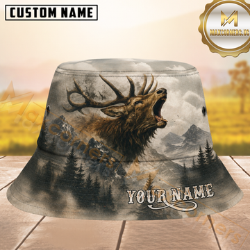 Maxcorners Elk Hunting Misty Mountain Forest Personalized Name 3D Bucket Hat