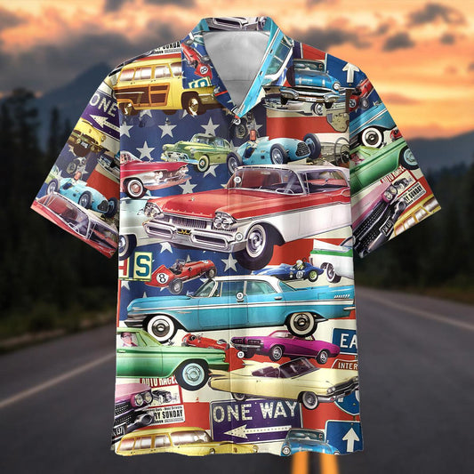 Maxcorners American Vintage Classic Car Collage Street Sign Hawaiian Shirt