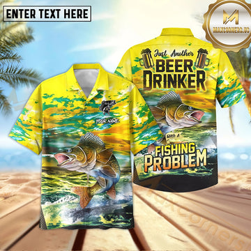 Maxcorners Walleye Fishing Beer Drinker Yellow Sky Pattern Sport Jersey Personalized Name, Team Name Hawaiian Shirt