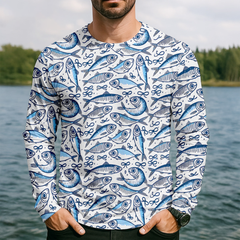 Maxcorners Navy Fish Pattern Fishing UPF Shirts, Men's Fishing Shirts Long Sleeve, Presents For Fishermen
