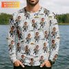 Maxcorners Custom Face Light Grey Funny Fishing Shirt, Personalized Fishing Shirt, Men's Fishing Shirt