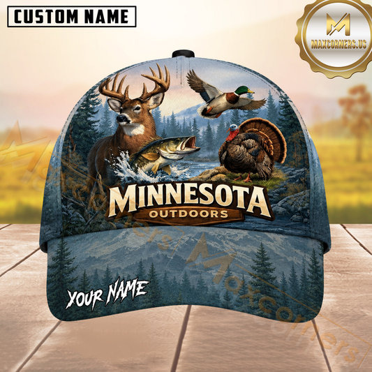 Maxcorners Minnesota Outdoor Misty Mountain Pine Forest Customized Name 3D Cap