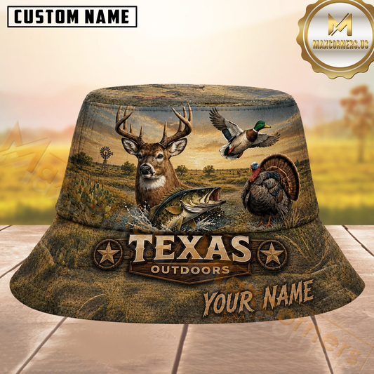Maxcorners Hunting Texas Outdoors Wildlife Sunset Landscape Personalized Name 3D Bucket Hat