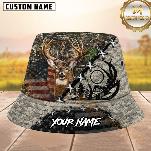 Maxcorners Deer Hunting American Flag Camo Lace-Up Personalized Name 3D Bucket Hat