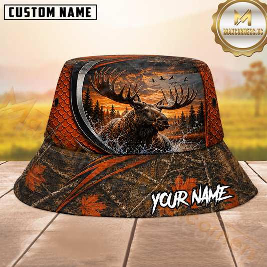 Maxcorners Moose Hunting Orange Woodland Camo Personalized Name 3D Bucket Hat