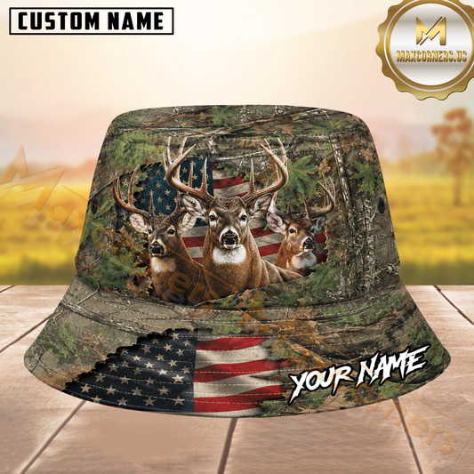 Maxcorners Deer Hunting Rustic Woodland Camo Personalized Name 3D Bucket Hat